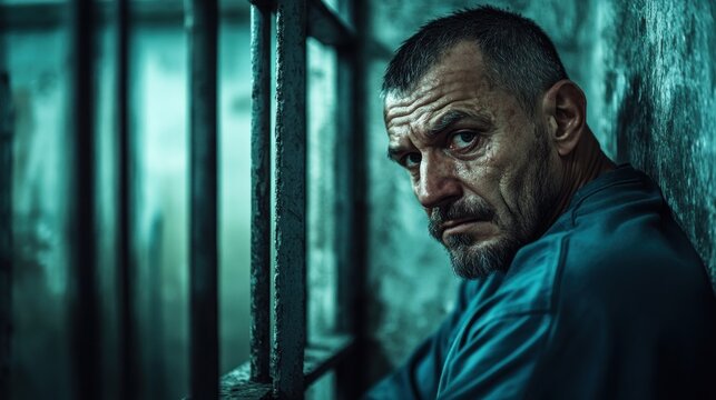 In a dimly lit prison cell, a dejected inmate leans against the cold concrete wall. The expression on his face reflects sadness and hopelessness. The rough texture of the wall and the metal bars of