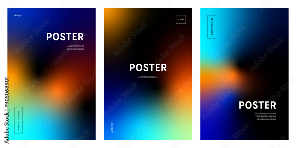 Sticker abstract background set with colorful gradient mesh in warm and cold tones on black space for poster