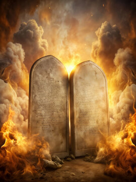 The Ten Commandments written by the finger of God on stone tablets with fire and smoke effects