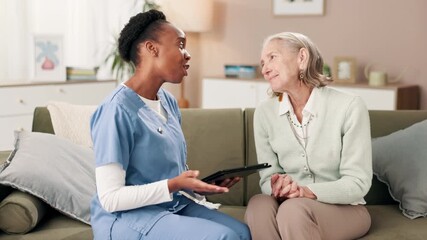 Senior woman, tablet and nurse for healthcare, therapy and healing on sofa with positive results in home. Elderly care, tech and caregiver for consulting, progress and approval for clinical trial