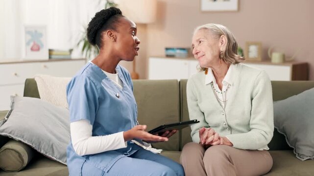 Senior woman, tablet and nurse for healthcare, therapy and healing on sofa with positive results in home. Elderly care, tech and caregiver for consulting, progress and approval for clinical trial