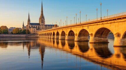 Naklejka premium Bridge over a Calm River with Church in the Background