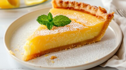 A slice of lemon pie on a white plate with powdered sugar and a sprig of mint.
