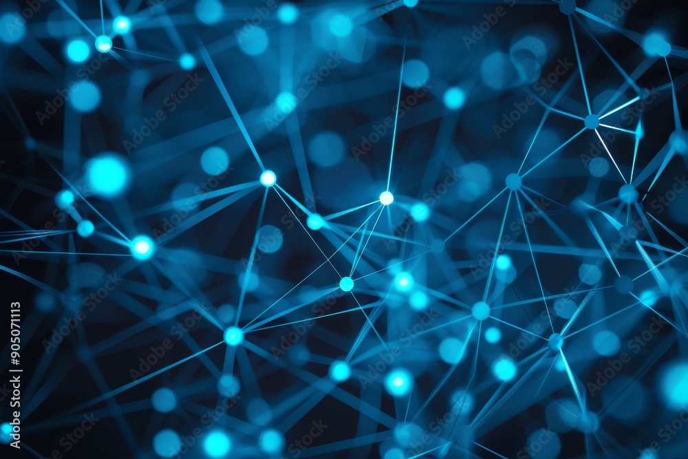Poster a network of dots on a blue background, showcasing connectivity and complexity, highlight the challe