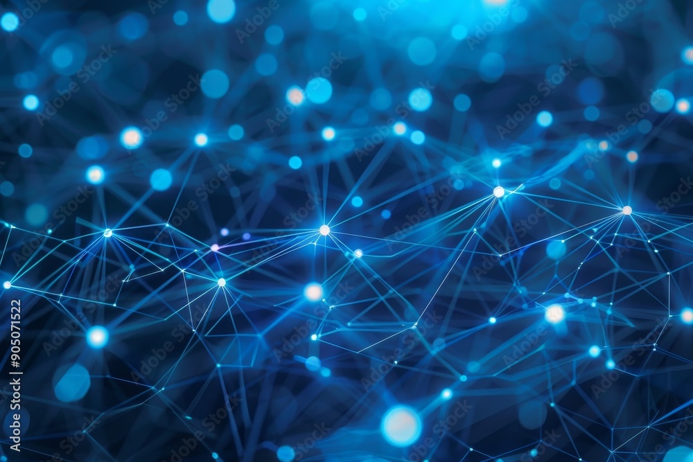 Poster Blue background with intricate network of interconnected dots and lines creating a complex pattern, Highlight the challenges of interoperability and data sharing among different healthcare systems