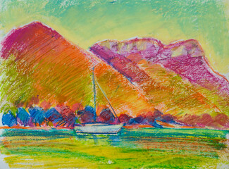 Seascape with yacht and mountain, sea, illustration, painting, art, sketch, hand drawing, sailboat, colorfull, South Europe Landscape in colorful painterly style with colors structure on the paper.