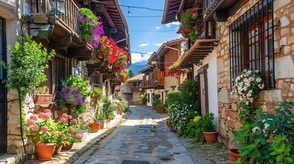 Fototapeta premium A narrow cobblestone street lined with charming stone houses in a European village.