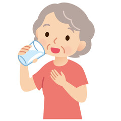 グラスで水を飲む高齢女性　健康　熱中症