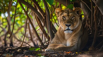 A majestic lioness resting under a lush green tree canopy in an African forest