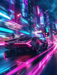 Fototapeta premium A sleek, high-tech car navigates the city streets at night