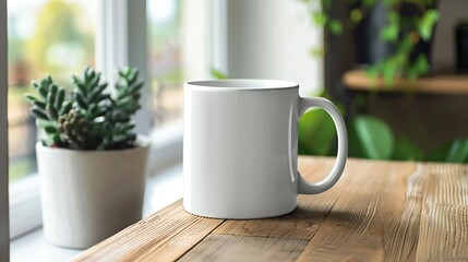 White ceramic mug on a wooden table near a window.