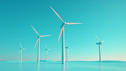 A field of wind turbines stand tall against a bright blue sky, symbolizing clean and sustainable energy.