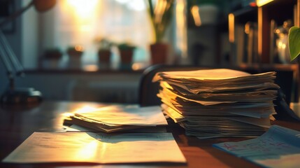 A stack of papers on an office desk with warm sunlight through a window, creating a blurred background and a sense of recent activity.