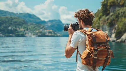 Obraz premium A photographer, equipped with a camera and backpack, stands by a tranquil lakeside surrounded by lush greenery and rugged mountains. The serene landscape and overcast sky create a peaceful ambiance.