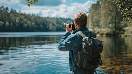 Obraz premium A photographer, equipped with a camera and backpack, stands by a tranquil lakeside surrounded by lush greenery and rugged mountains. The serene landscape and overcast sky create a peaceful ambiance.