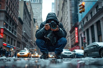 A photographer crouches on a wet urban street, capturing the bustling cityscape. Dressed warmly in...