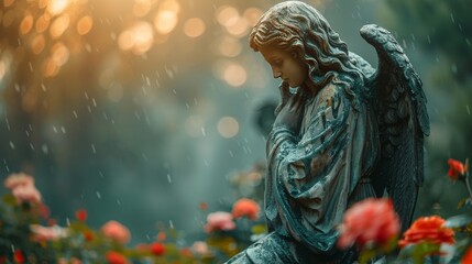 Fototapeta premium Grieving angel statue on green panoramic background.