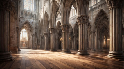 Fototapeta premium Inside of an ancient gothic cathedral with wooden floor and carved stone columns