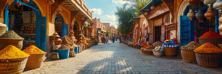 Fototapeta premium Bustling Marrakech Market Street Alive with Vibrant Spices and Textiles, a Sensual Journey Through Color and Culture