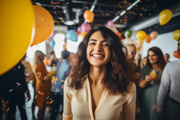 Joyful businesswoman celebrating with colleagues business people having a party fun in the office - Powered by Adobe