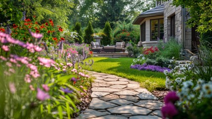 A beautiful garden pathway flanked by vibrant flowers, leading to a cozy seating area in the backyard