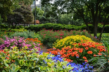 Colorful flower garden blooms in the heart of a bustling park, adding beauty and vibrancy to the urban landscape, Highlight the vibrant colors of the campus gardens