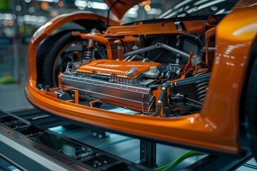 Fototapeta premium Orange Sports Car Displayed in Factory, Highlighting the eco-friendly features of an electric sport car, particularly its innovative battery pack technology