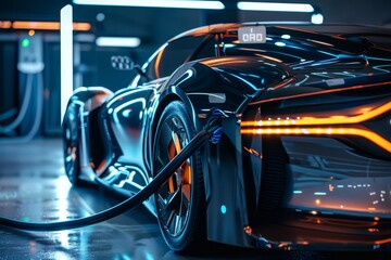 Fototapeta premium Futuristic Electric Car Parked in Garage, Highlighting the eco-friendly features of an electric sport car, particularly its innovative battery pack technology