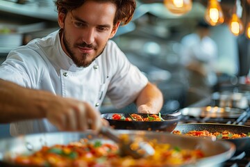 Chef Preparing Delicious Cuisine in a Modern Kitchen During Dinner Service Hours