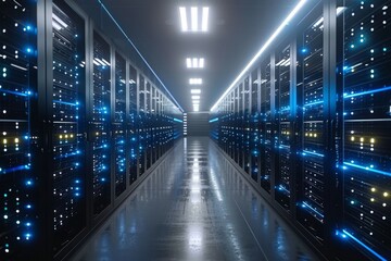 Blue digital padlocks in a futuristic server room, emphasizing the integration of advanced cybersecurity measures.