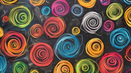 A chalkboard features a lively assortment of colorful spirals and abstract shapes, showcasing creativity and artistic expression in a dynamic environment. Generative AI