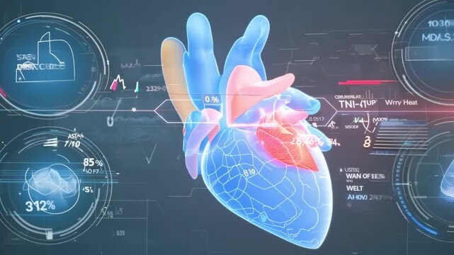 A dynamic 3D rendering of a human heart surrounded by vital health metrics within a digital medical interface.