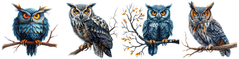 Obraz premium Four owls sitting on a branch, one of which is looking at the camera