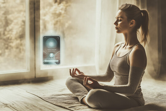 A woman in a peaceful state uses an AI app to guide her meditation, reflecting the growing use of AI for personalized wellness.