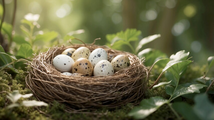 Fototapeta premium quail eggs, set against a blurred background of lush greenery. The scene captures the eggs' unique markings and textures