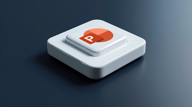 White square button with Microsoft PowerPoint logo on dark background