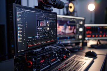 A video editing studio equipped with multiple monitors and a keyboard for editing footage, High-tech cameras and editing software for precision perfection