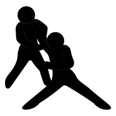 Judo. Two combatants fight without weapons. Silhouette. Vector illustration. One of the athletes throws over the back with a hand on the shoulder. Martial arts. Isolated white background. 