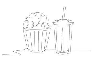 Popcorn and soft drinks. Fast food concept one-line drawing