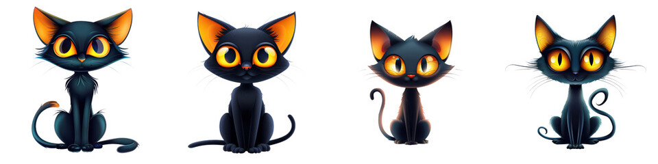 Four black cats with yellow eyes sit in a row