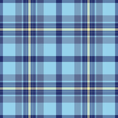 Gift paper check fabric texture, quality seamless background vector. Gift card pattern textile tartan plaid in blue and cyan colors.