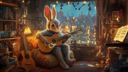 "Melodic Haven: A Rabbit's Guitar Serenade in a Cozy Room"