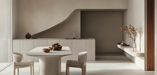 Open Space Kitchen with Statement Minimalist Furniture and Pan-tone Grey. wide view