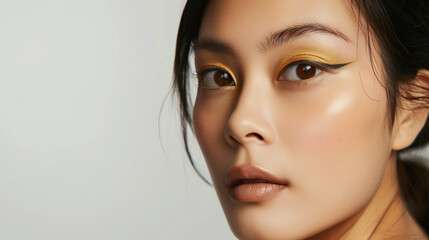 Naklejka premium Asian Woman with Dramatic Golden Eye Makeup and Soft Lighting
