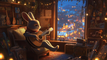"Melodic Haven: A Rabbit's Guitar Serenade in a Cozy Room"