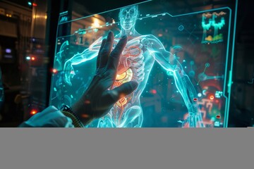 Fototapeta premium A man in a lab coat interacts with a human body hologram on a screen, utilizing advanced imaging technology, Holographic imaging technology for detailed and interactive medical diagnosis