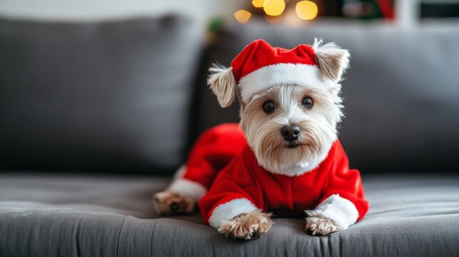 Puppy in a christmas outfir on the sofa