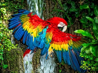 Obraz premium Colorful macaw parrot in the jungle. macaw parrot with colorful plumage and a long tail sitting on the tree branch. colorful parrot in the rain forest, wildlife and nature concept