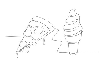 A slice of melted pizza and ice cream. Fast food concept one-line drawing