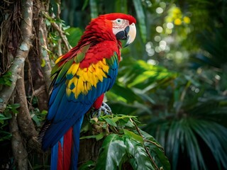 Obraz premium Colorful macaw parrot in the jungle. macaw parrot with colorful plumage and a long tail sitting on the tree branch. colorful parrot in the rain forest, wildlife and nature concept
